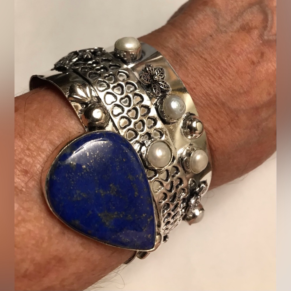 Lapis Lazuli Stamped Solid 925 Sterling Silver Cuff Bracelet
